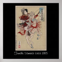 Samurai de sexo femenino en caballo en armadura ci posters