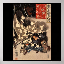 Samurai que derrota el verraco gigante C. 1800's Posters