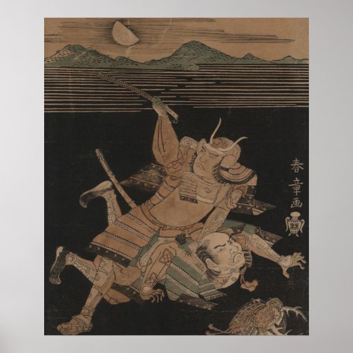 Samurai que lucha en la noche circa 1770 posters