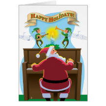 Santa en la tarjeta del día de fiesta del piano