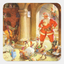 Santa supervisa duendes el cocer de las galletas d calcomanías cuadradas