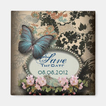 Savethedate floral del boda de la mariposa azul de imanes para frigoríficos