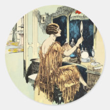 Señora de los años 20 del vintage en su tocador pegatinas redondas