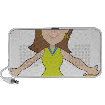 Señora feliz del ordenador portátil iPhone altavoz