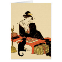 Señora japonesa del gato negro tarjetas