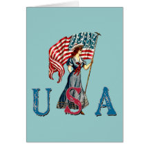 Señora Liberty Illustration del vintage en las cam Tarjetón