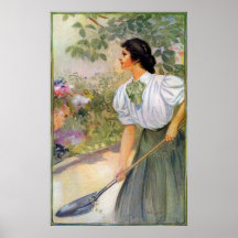 Señora Shoveling Dirt en cama de flor Poster