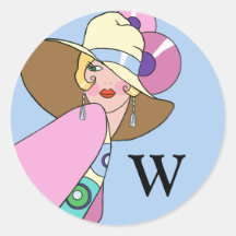 Shelby, señora de los años 30 en azul y rosa etiqueta redonda