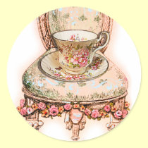 Silla color de rosa antigua de la taza de té y del pegatinas