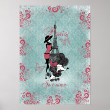Silueta francesa de los chicas del caniche del vin poster