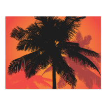 Siluetas de la puesta del sol de las palmeras postales