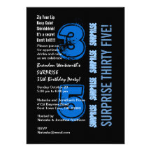 SORPRENDA el 35to cumpleaños moderno azul y negro Comunicados Personalizados