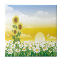 Sun, girasoles, flores blancas teja cerámica