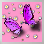 Swallowtails púrpura y margaritas en el poster 3D