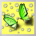 Swallowtails verde y margaritas en el poster 3D