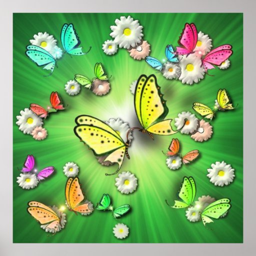 Swallowtails y Daisys verdes mágicos en el poster 