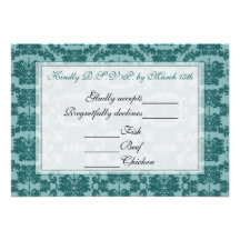 Tarjeta azul de RSVP de la invitación del boda del