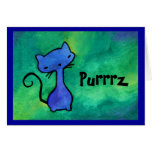 Tarjeta azul linda del saludo o de nota del gato d