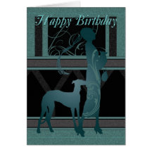 Tarjeta de cumpleaños del art déco con la hembra y