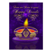 Tarjeta de felicitación de Diwali en oro y púrpura