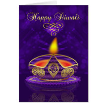 Tarjeta de felicitación de Diwali en oro y púrpura