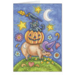 Tarjeta de Halloween, cerdo, gato negro, calabaza,