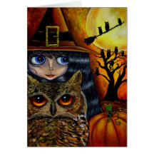 Tarjeta de la bruja del búho de Halloween