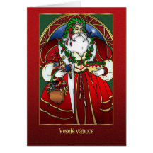 Tarjeta de Navidad checa - Papá Noel - rojo y oro