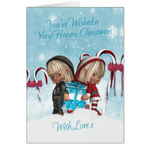 Tarjeta de Navidad con dos pequeños duendes y rega