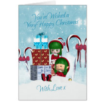Tarjeta de Navidad con dos pequeños duendes y rega
