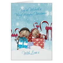Tarjeta de Navidad con dos pequeños duendes y rega