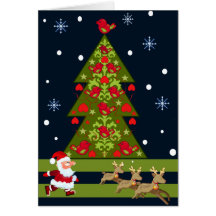 Tarjeta de Navidad con santa y un árbol