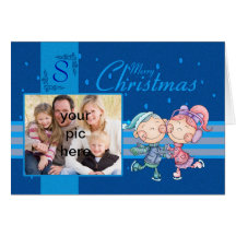 tarjeta de Navidad de la foto en azul con los niño
