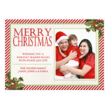 Tarjeta de Navidad del acebo y de las rayas Invitaciones Personalizada