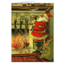 Tarjeta de Navidad del vintage - Santa, medias