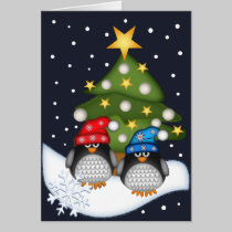 Tarjeta de Navidad linda con los pingüinos y el te tarjetas