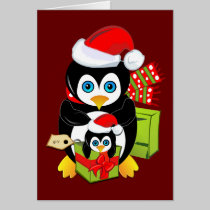Tarjeta de Navidad linda con los pingüinos y el te tarjetas