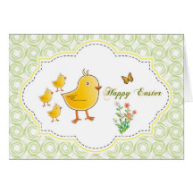 Tarjeta de pascua con 4 polluelos, flores y maripo