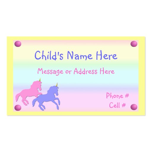 Tarjeta de visita del unicornio de los niños
