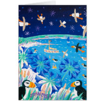 Tarjeta del arte: Frailecillos y gaviotas, bahía d