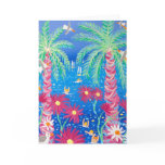 Tarjeta del arte: Mar azul tropical y palmas rosad tarjetas