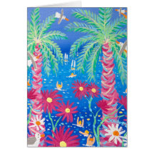 Tarjeta del arte: Mar azul tropical y palmas rosad