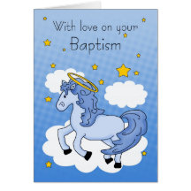 Tarjeta del bautismo con el caballo azul