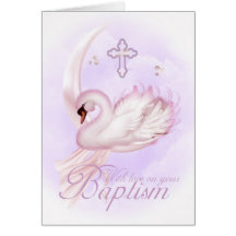 Tarjeta del bautismo con el cisne rosado