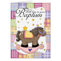 Tarjeta del bautismo con rosa del caballo mecedora