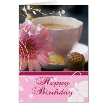 Tarjeta floral y del chocolate rosada de cumpleaño