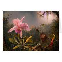 Tarjeta: Orquídea de Cattleya y tres colibríes