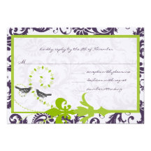 Tarjeta púrpura verde de la respuesta del pájaro d invitacion personal 