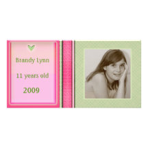 Tarjeta rosada y verde de encargo del niño/de la f tarjetas personales con fotos