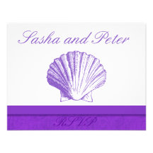 Tarjetas violetas de RSVP del boda de playa de She Comunicado Personal